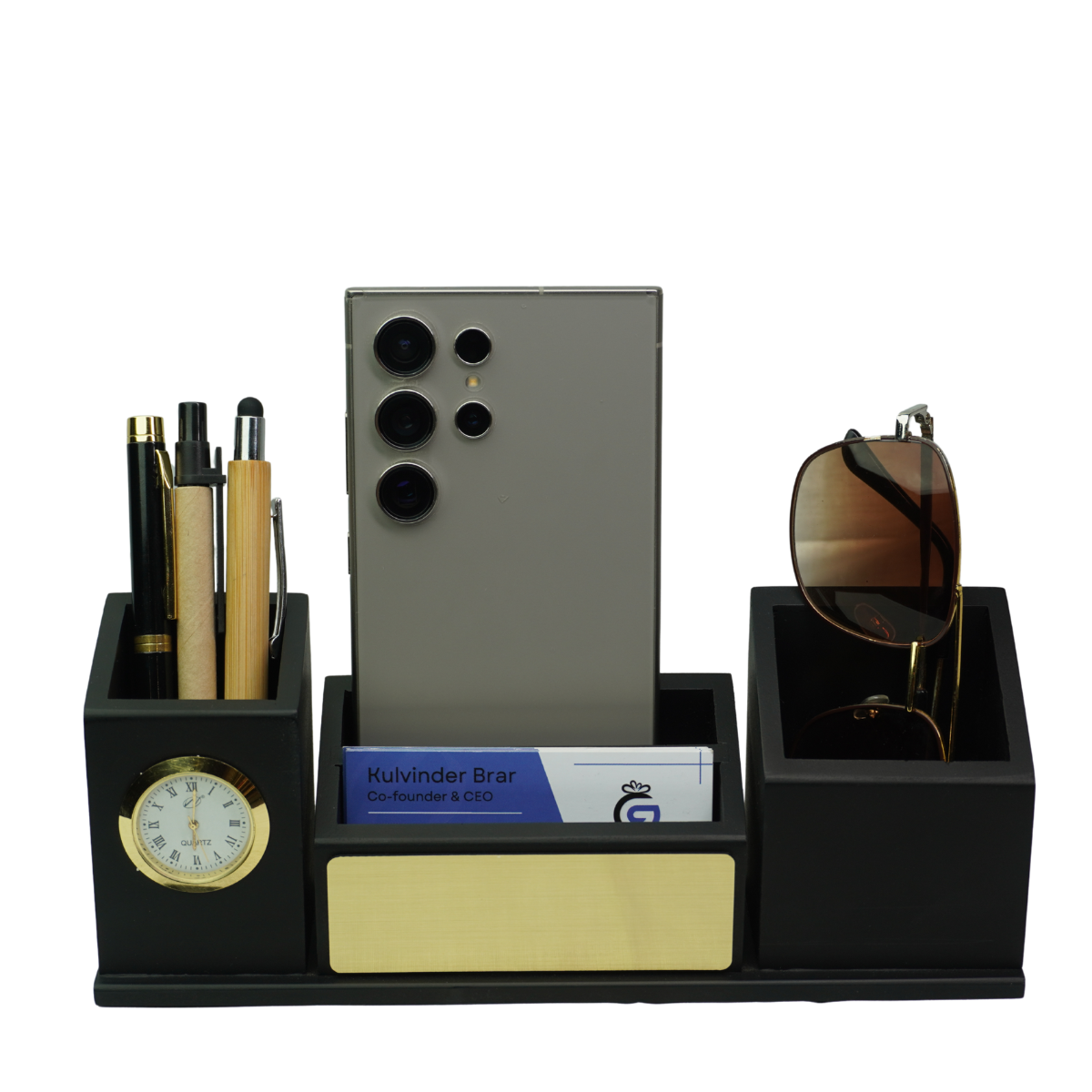 Black Wooden Desk Organizer with Clock