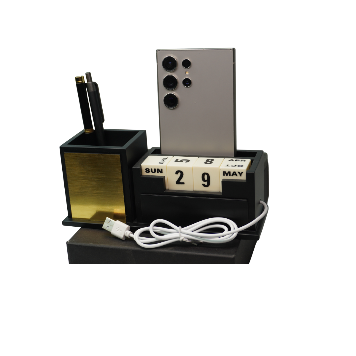 Wooden Calender Pen Stand with Mobile Stand Black