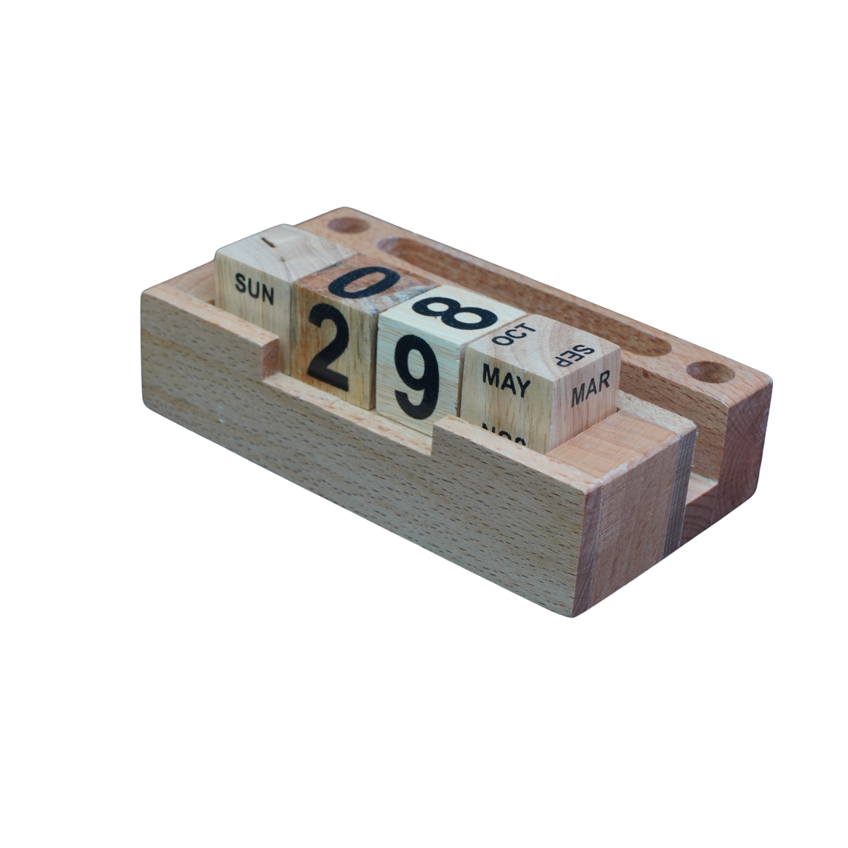 Polished Wooden Calendar Pen Stand for Desktop
