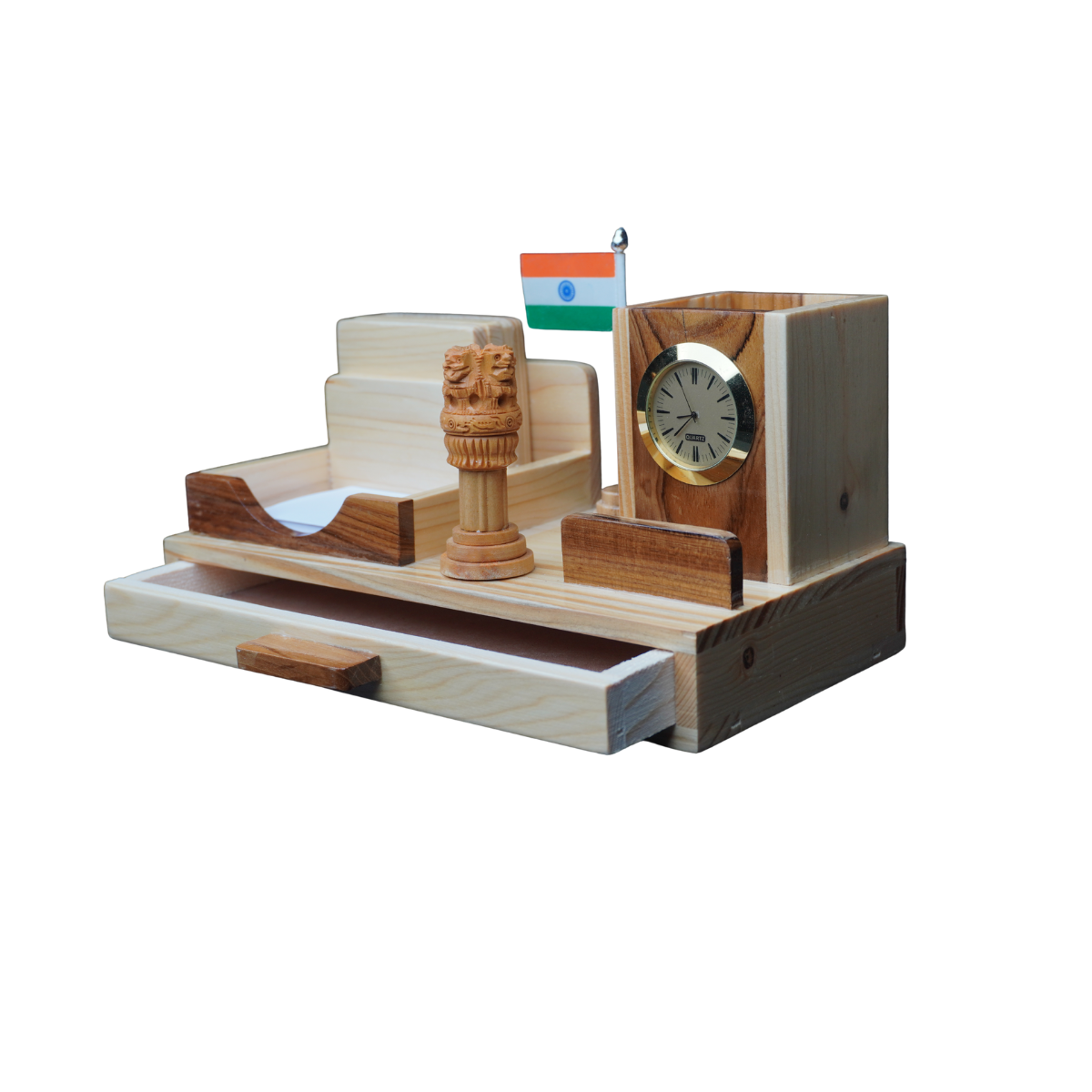 Elegant Ashoka Desk Organizer with Clock Pen Stand