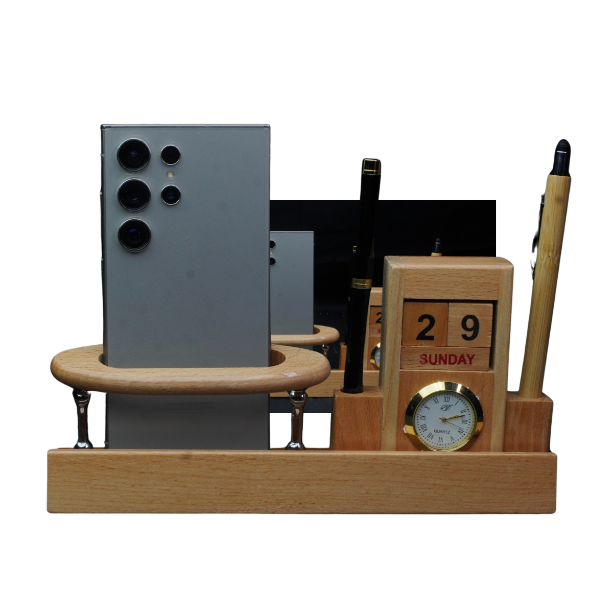 Wooden Holder with Table Clock Calendar