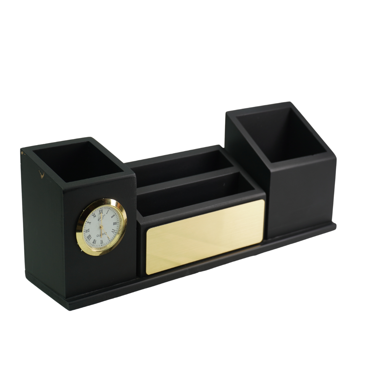 Black Wooden Desk Organizer with Clock