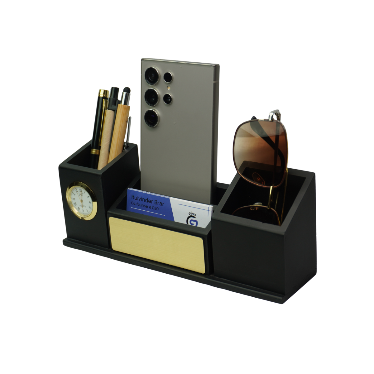 Black Wooden Desk Organizer with Clock