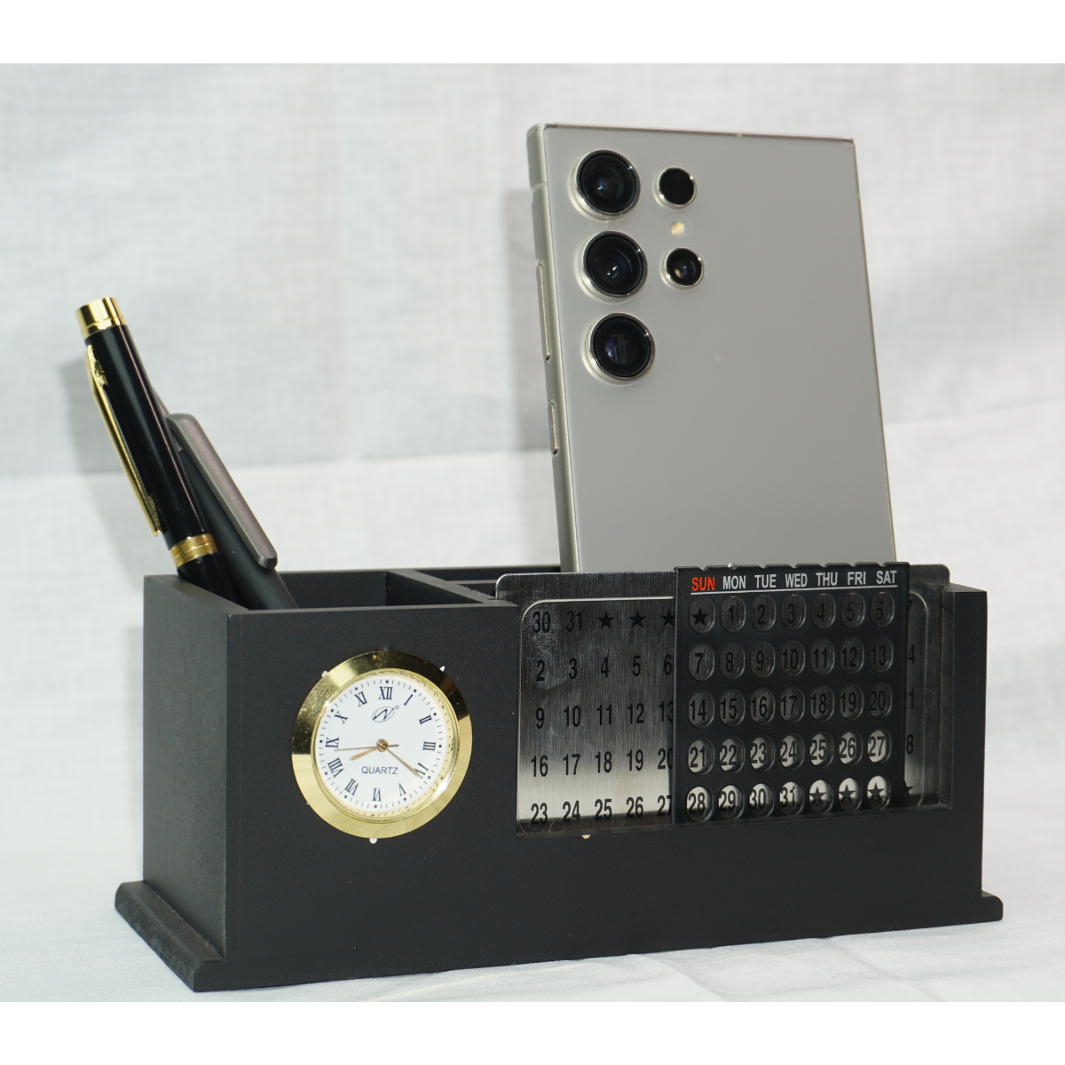 Multi-functional Black Wooden Desk Organizer