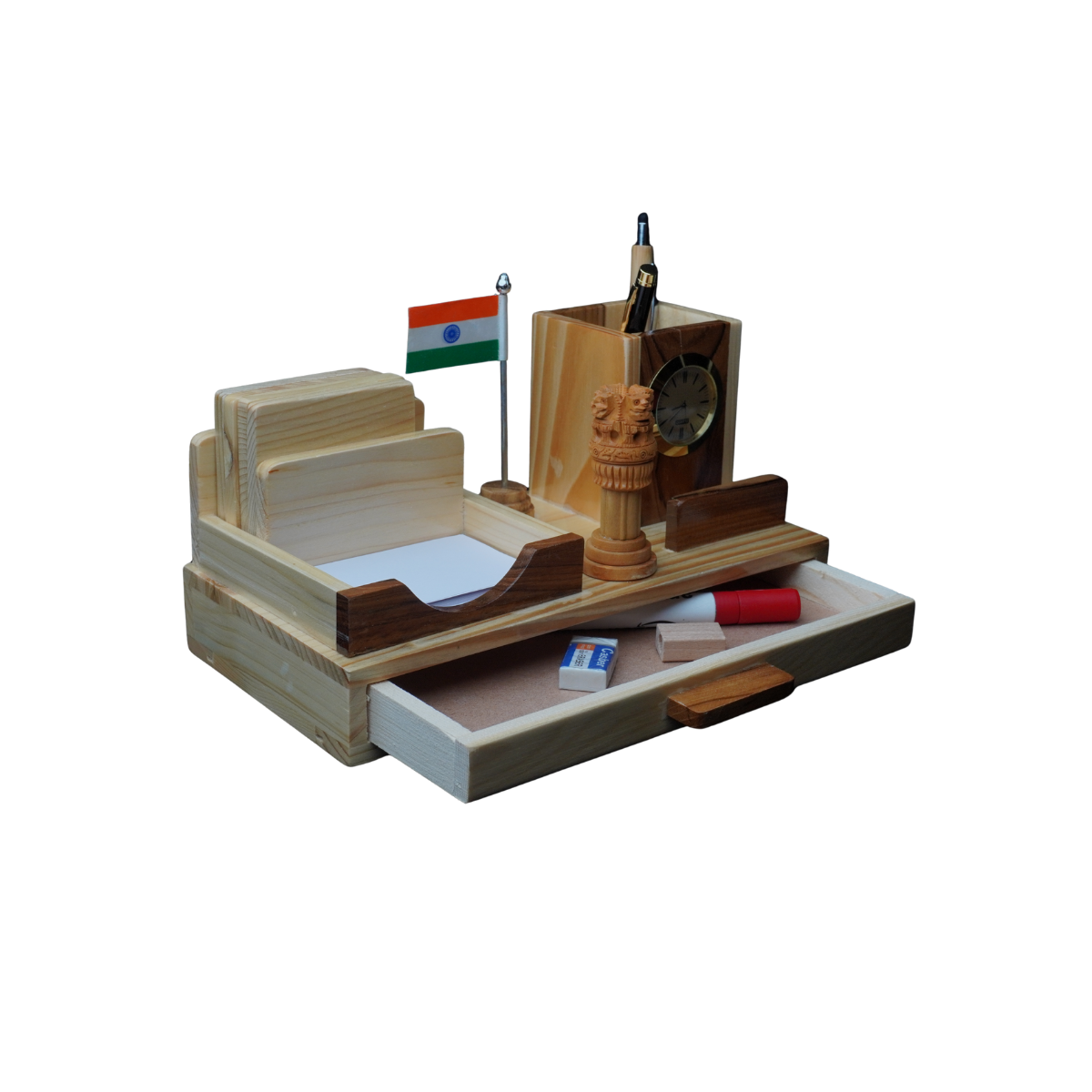 Elegant Ashoka Desk Organizer with Clock Pen Stand