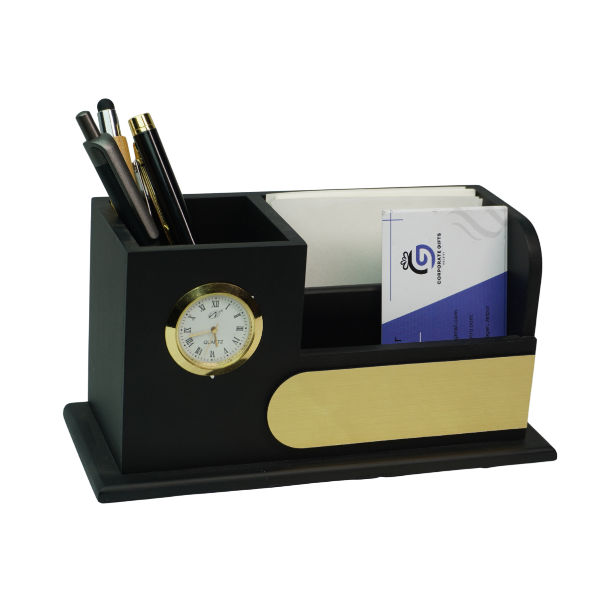 Wooden Pen Stand with Clock for Office Use