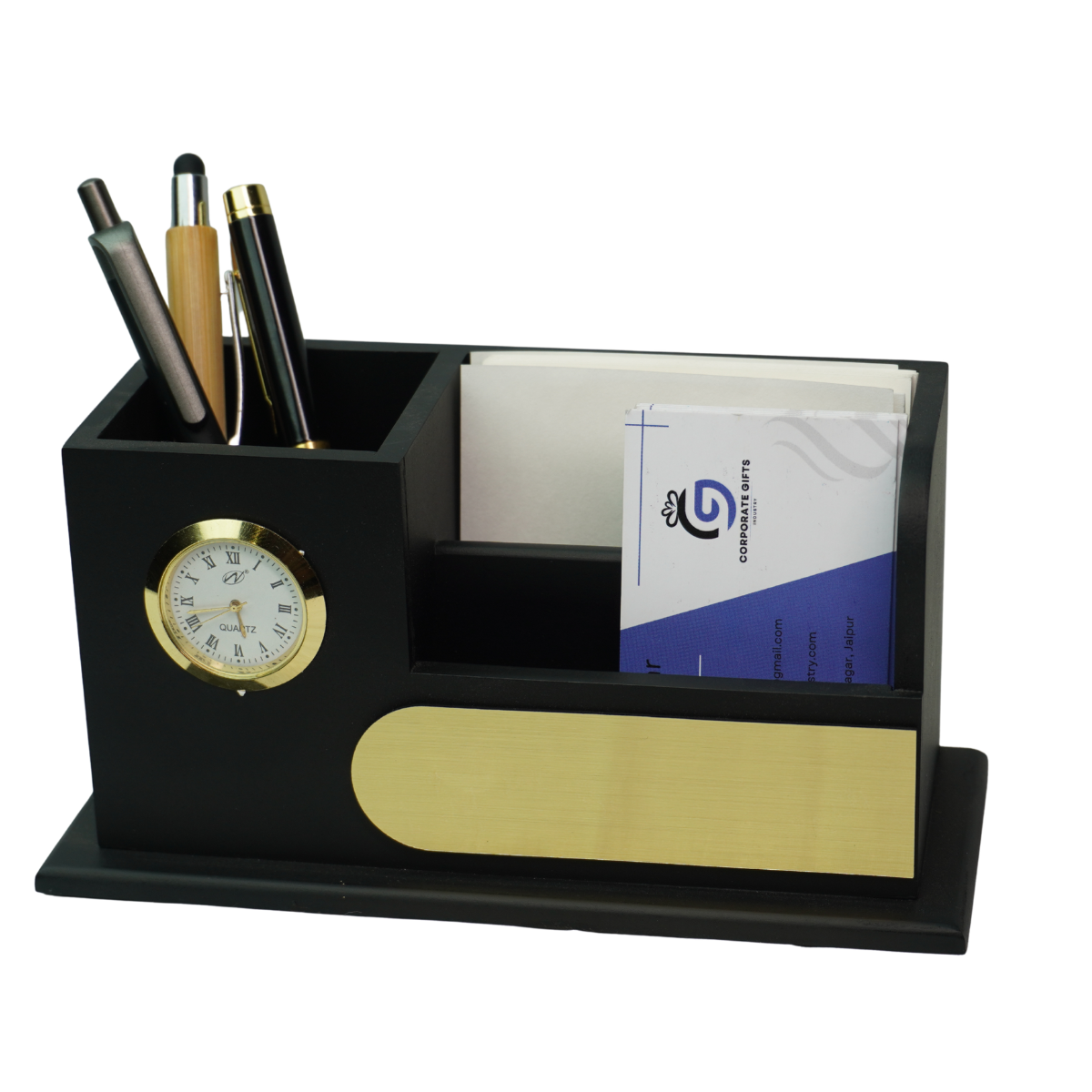 Wooden Pen Stand with Clock for Office Use